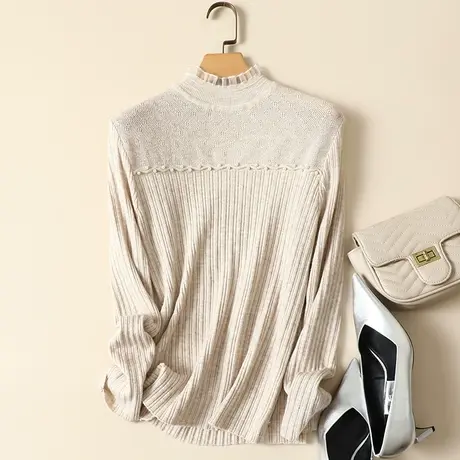 春装2024年新款蕾丝拼接半高领女士内搭针织显瘦洋气打底衫毛衣女商品大图