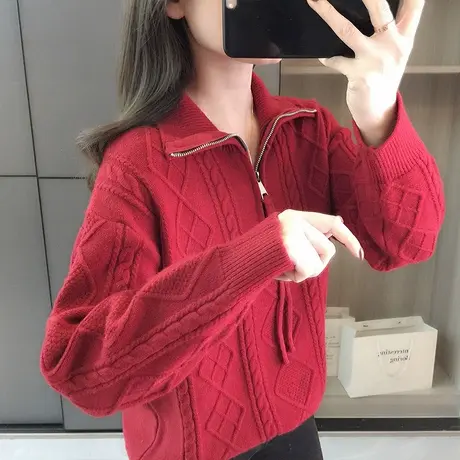 麻花复古毛衣女士秋冬季2023新款加厚纯色休闲针织衫外套宽松外穿图片