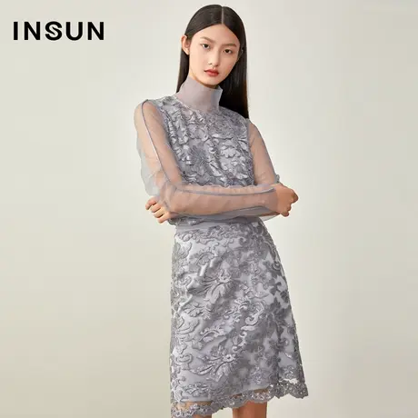 INSUN恩裳冬季网纱高领亮片蕾丝绣花衬衫商品大图