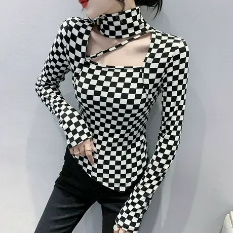黑白格子高领打底衫女内搭春秋洋气不规则长袖T恤性感镂空上衣潮商品大图