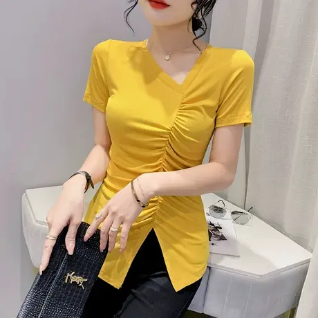 下摆分叉T恤女短袖不规则斜领性感上衣夏季欧货设计感半袖丅恤潮商品大图