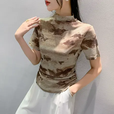 半高领网纱上衣女短袖初秋2024新款复古印花T恤内搭修身打底小衫商品大图