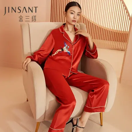 金三塔新品真丝红品睡衣女100%桑蚕丝刺绣衣裤套红品系列图片