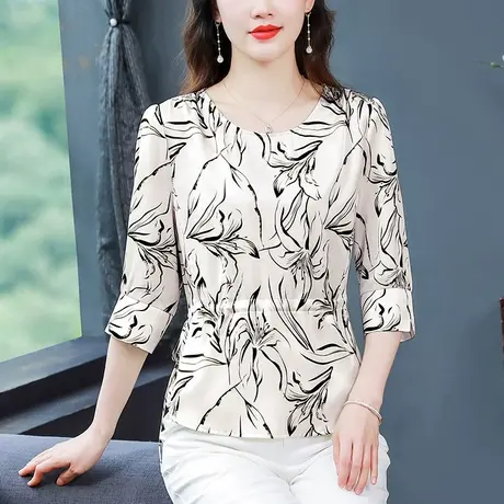 七分袖真丝缎面印花衬衣2023年夏季新款宽松收腰遮肉洋气减龄小衫商品大图