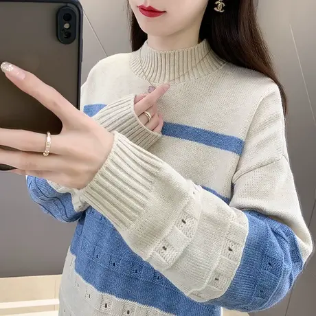 春秋季2023新款女装爆款宽松条纹宽松女士半高领毛衣针织衫打底衫商品大图