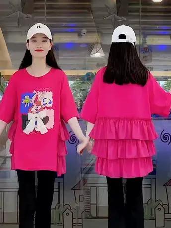 韩版复古卡通印花立体蝴蝶结短袖t恤女夏季新款中长宽松显瘦半袖商品大图