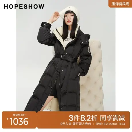 红袖outlets贴标立领连帽羽绒服hopeshow2023冬款工装式长款外套图片