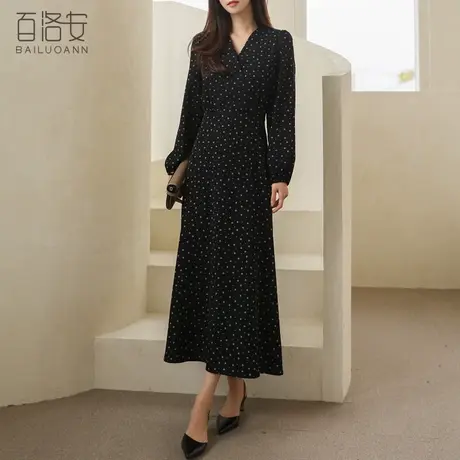 百洛安碎花连衣裙女系带收腰显瘦a字裙春季新款气质V领长袖长裙子图片
