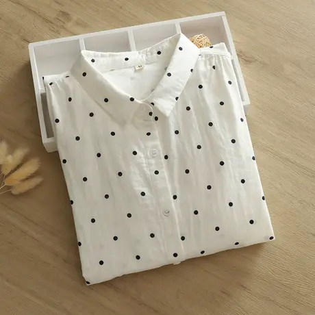 春秋装日系文艺双层棉纱圆点点长袖白衬衫女士宽松简单打底衫上衣商品大图