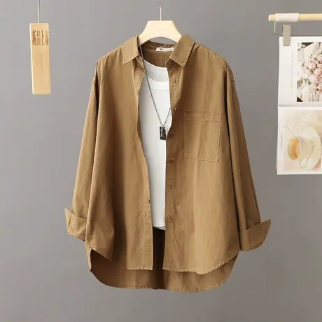 2024新款秋季休闲衬衫女式长袖外搭衬衣外套中长款宽松上衣打底衫图片