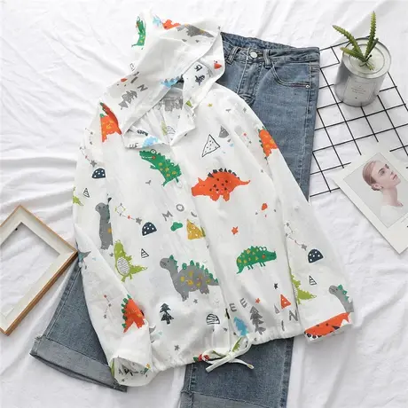 韩版上衣春夏装卡通印花连帽薄宽松外套女长袖学生防晒衣空调衫女图片