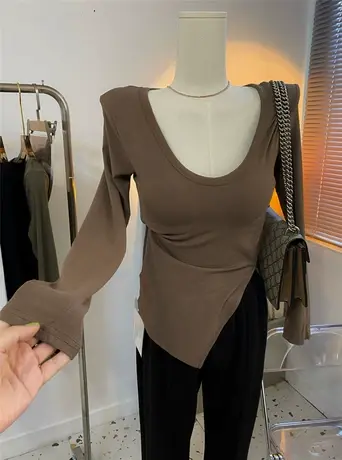 纯欲性感大圆领U领修身开叉设计感垫肩长袖t恤女洋气内搭打底衫潮商品大图