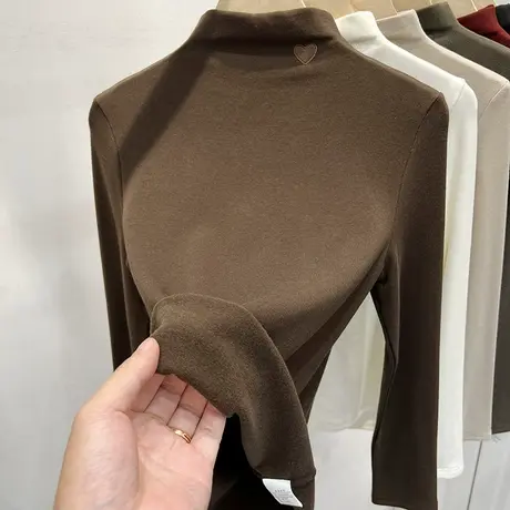 爱心刺绣半高领加薄绒磨毛长袖T恤女2023秋冬新款内搭打底衫上衣商品大图