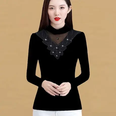 春秋装新款大码女装加绒加厚打底衫女长袖修身t恤内搭蕾丝小衫女图片