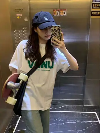 欧货正肩仿棉短袖t恤女2023新款夏季小众设计感美式复古宽松上衣商品大图