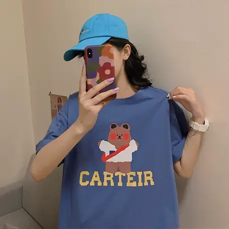 纯棉小熊短袖t恤女ins超火日系少女设计感夏季新款宽松百搭上衣潮商品大图