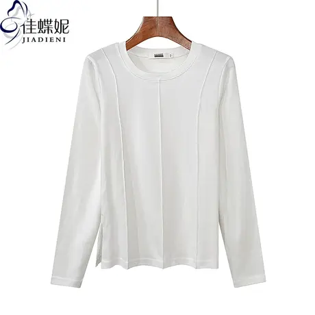 春秋新款圆领修身纯棉纯欲开叉压线拼接纯色长袖体恤上衣女打底衫图片