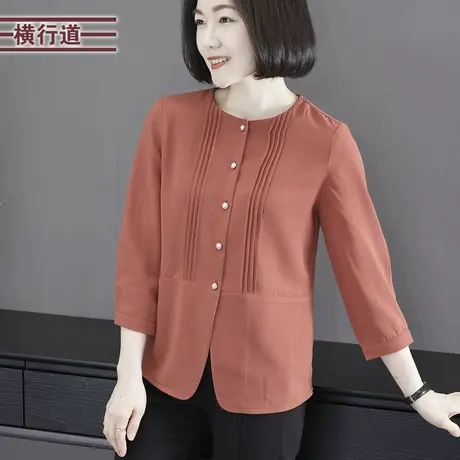 纯色简约圆领纽扣开衫七分袖雪纺衫女装外穿显瘦上衣2024春季新款图片