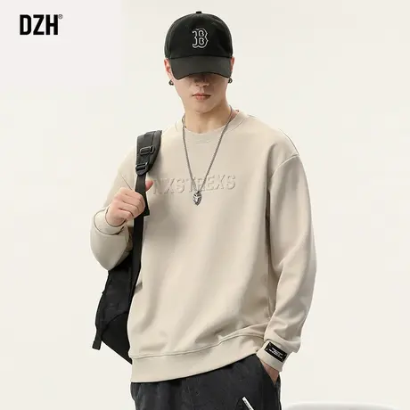 男士美式杏色卫衣男春季圆领宽松上衣潮牌男装2024新款外套情侣装商品大图