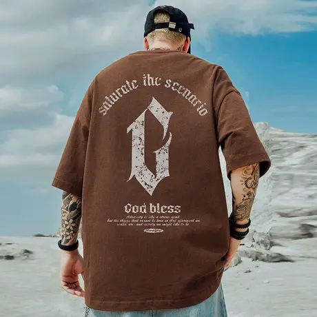 美式重磅220g潮牌胖子男装大码宽松青少年短袖T恤咖啡色半袖潮流商品大图