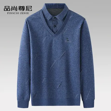 男士针织打底衫春秋薄款线条花纹假两件长袖t恤中老年爸爸装秋装商品大图