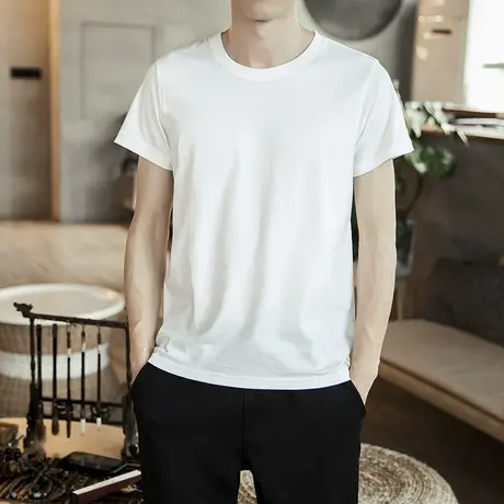 中国风男式新款夏季白色圆领T恤休闲修身百搭纯色短袖薄款打底衫图片