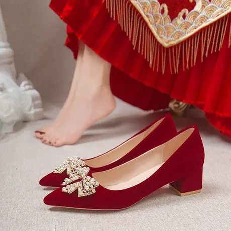 粗跟婚鞋女2022年新款中式红色结婚新娘鞋子不累脚孕妇可穿高跟鞋商品大图