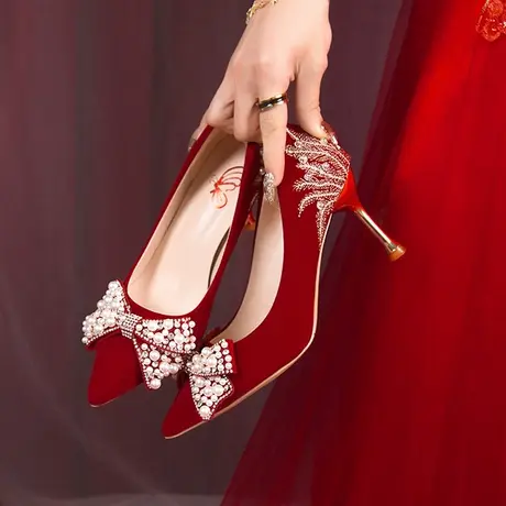 婚鞋女2023年新款新娘鞋酒红色秀禾婚纱不累脚高跟鞋法式结婚红鞋图片