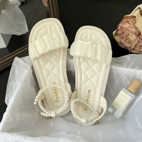 仙女风小凉鞋女配裙子2023夏季新款法式珍珠平底一字带女鞋软底夏图片