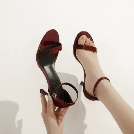 酒红色凉鞋女细跟2024年夏季新款法式少女性感一字扣带露趾高跟鞋商品大图