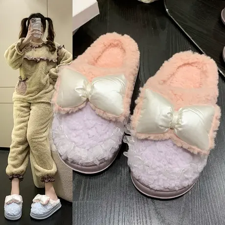 仙女风蝴蝶结棉拖鞋女2023年秋冬新款室内居家可爱防滑毛毛拖鞋女商品大图