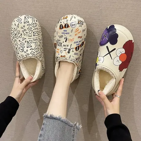 2024新款ins潮芝麻街防水棉拖鞋女款冬季外穿厚底包跟保暖棉鞋女商品大图