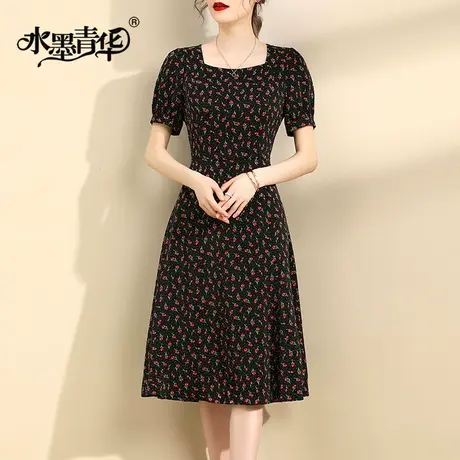 【1件7.9折】夏季新款百搭显瘦印花裙时尚中长款短袖连衣裙女商品大图