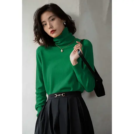 弥古绿色高领针织衫上衣女春秋长袖堆堆领羊毛打底衫小众毛衣内搭商品大图