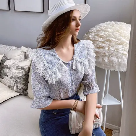 粉红大布娃娃碎花衬衫女长袖上衣女2021夏季新款法式半袖衬衫翻领商品大图