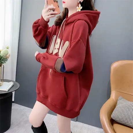 中长款加绒加厚连帽卫衣女秋冬2023年新款宽松慵懒风百搭休闲上衣商品大图