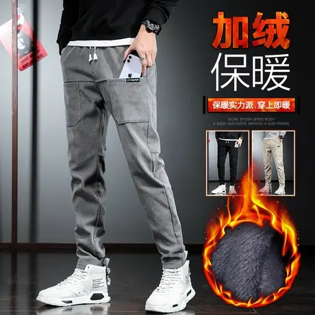 秋冬款多口袋加绒加厚男裤子冬季2024新款男生保暖防风外穿休闲裤商品大图