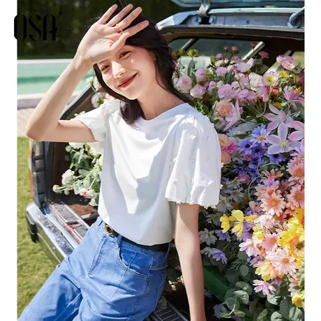 欧莎OSA白色短袖t恤女夏装2022年新款设计感小众泡泡袖体恤上衣潮图片