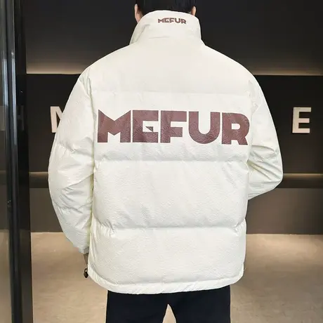 2023冬季新款男士微阔立领小外套短款PU皮羽绒服男潮烫印加厚棉衣图片