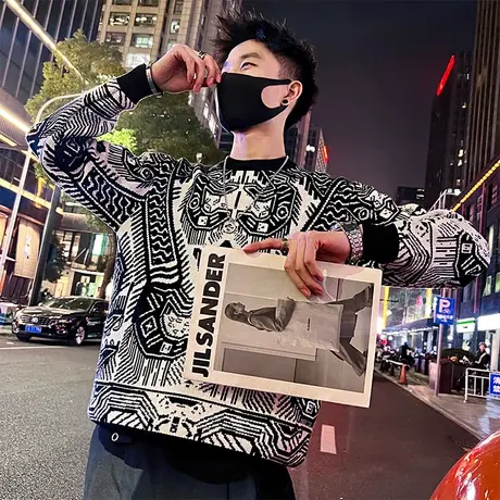 毛衣男秋冬新款ins个性满印涂鸦提花针织衫时尚宽松轻熟打底线衣商品大图