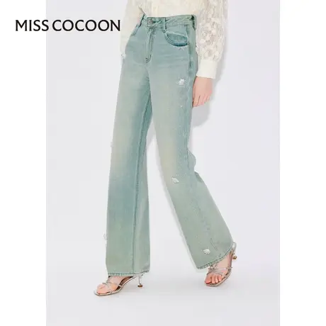 MISSCOCOON【漫拾光旅】24春新款重工烫钻水洗做旧阔腿拖地牛仔裤商品大图