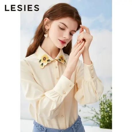 蓝色倾情2021春秋新款 米色花朵刺绣轻职业淑女长袖衬衫上衣商品大图