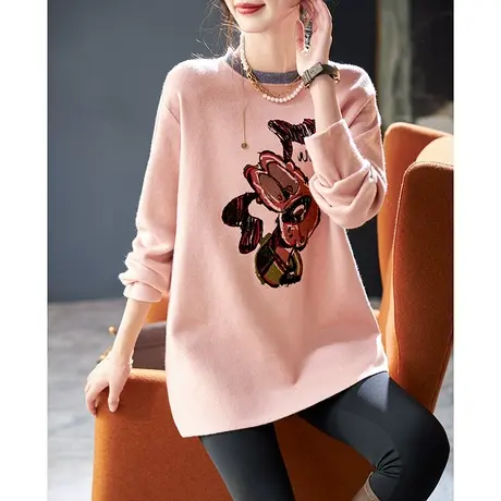 宝诗黎圆领中长印花宽松毛衣女落肩长袖打底针织衫2024春秋季新款图片