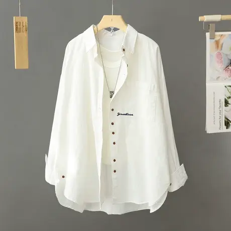 休闲字母白色衬衫外套女宽松中长款春秋2024新款上衣大码衬衣开衫商品大图