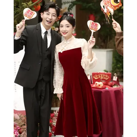 旗袍敬酒服2023新款新娘结婚当天穿便装订婚礼服女冬季长袖回门服商品大图