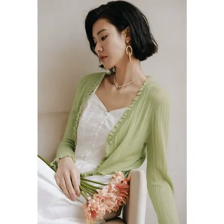 弥古绿色天丝亚麻针织衫木耳边外搭开衫女夏季薄款外套吊带裙罩衫商品大图