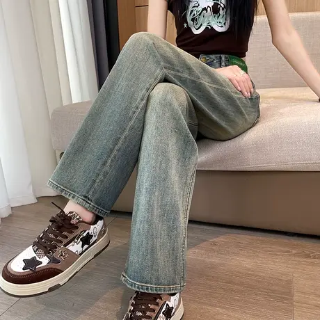 复古窄版冷茶色牛仔裤女2025年春秋高腰显瘦垂感宽松阔腿直筒裤子图片
