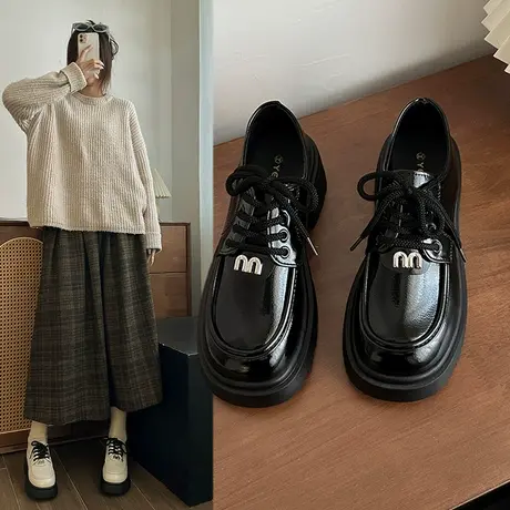 系带厚底乐福鞋女鞋2024新款春季粗跟中高跟黑色jk单鞋女款小皮鞋商品大图