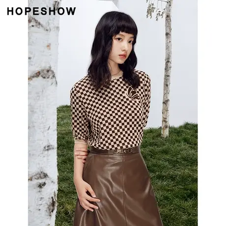 红袖休闲经典格纹套头针织衫hopeshow2023秋新款圆领薄款中袖上衣图片