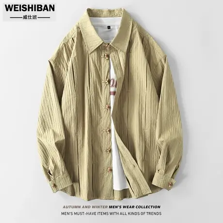 潮牌设计感小众长袖衬衫外套男日系新中式盘扣宽松压褶宽松衬衣男商品大图